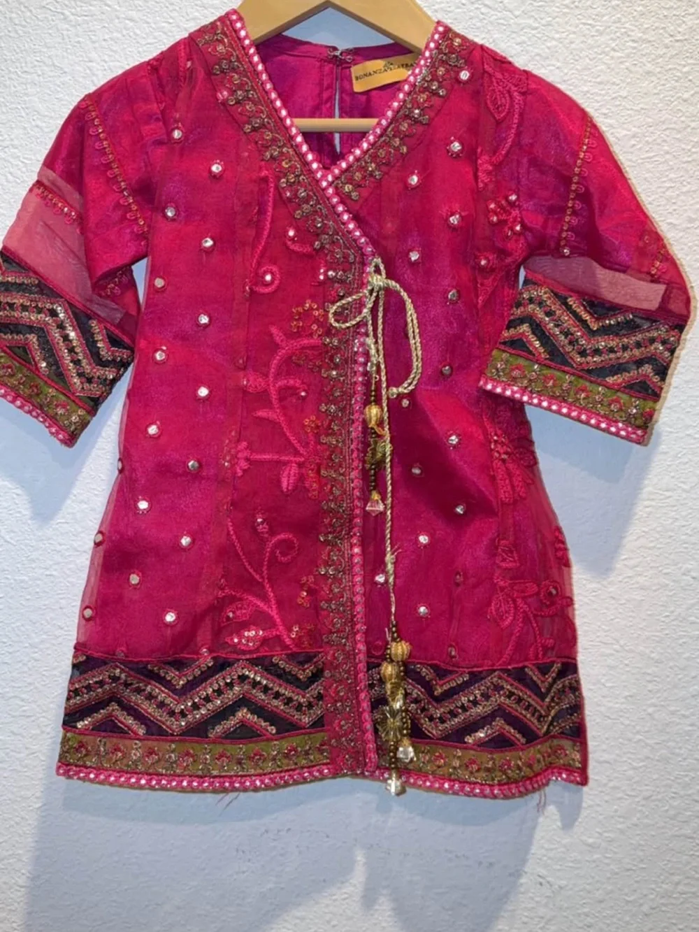Bonanza Satrangi Girls' Pink Embroidered Formal Dress with Green Dupatta